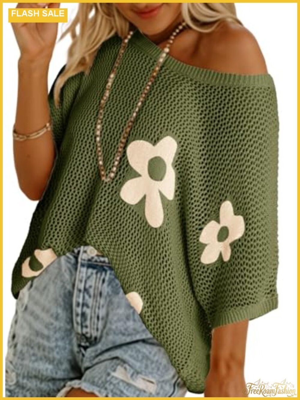 Floral Crochet Sweater Lightweight Knit Pullover Swimsuit Cover Up Resort Wear
